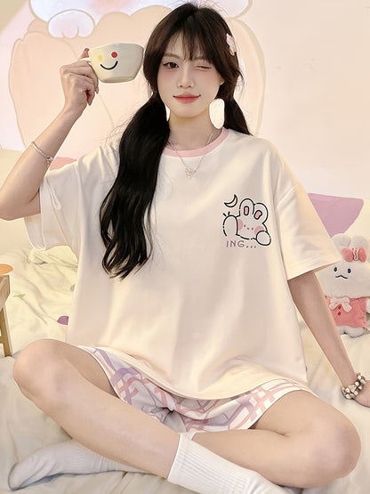 Cute Cartoon Rabbit Women's Pajama Suit - Comfortable Knitted Short Sleeves and Shorts，Machine Washable