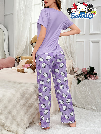 Women's Cute Hello Kitty Printed Pajamas Suit，Short Sleeve round Neck Top and Pants，Comfortable Loose Design，Sanrio