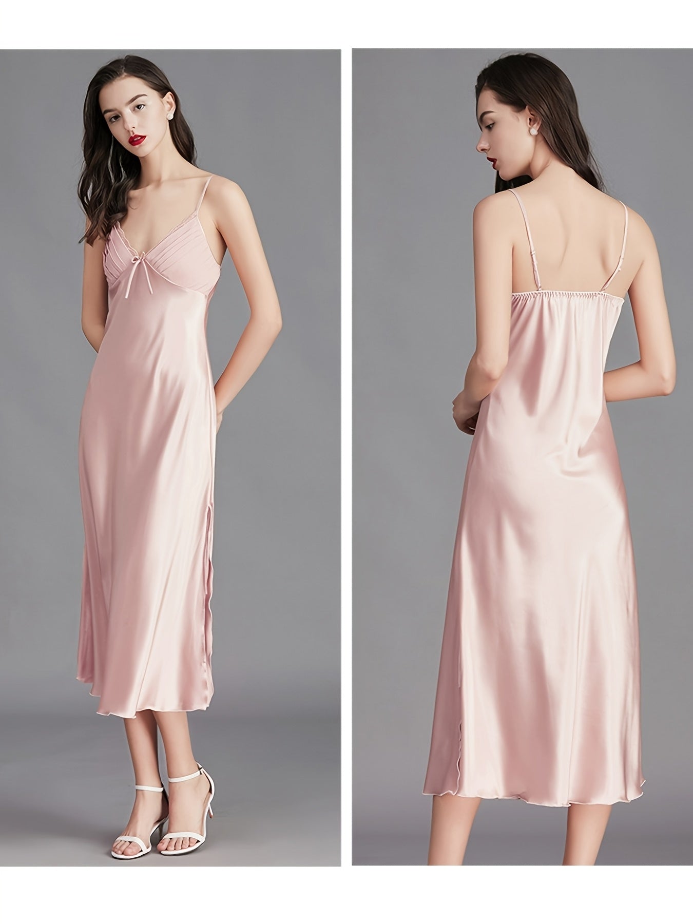 Women Satin Pajamas Sexy Sleepwear Slim Shoulder Strap Stacked Neck Elegant Long Satin Sling Mid-Length Dress