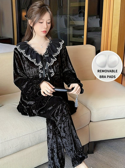 Elegant Velvet Women's Pajama Suit，Lace Trim & Removable Chest Pad - V Collar，Long Sleeve，Ruffled Hem - Spring, Autumn and Winter Perfect Choice