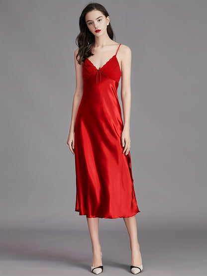 Women Satin Pajamas Sexy Sleepwear Slim Shoulder Strap Stacked Neck Elegant Long Satin Sling Mid-Length Dress