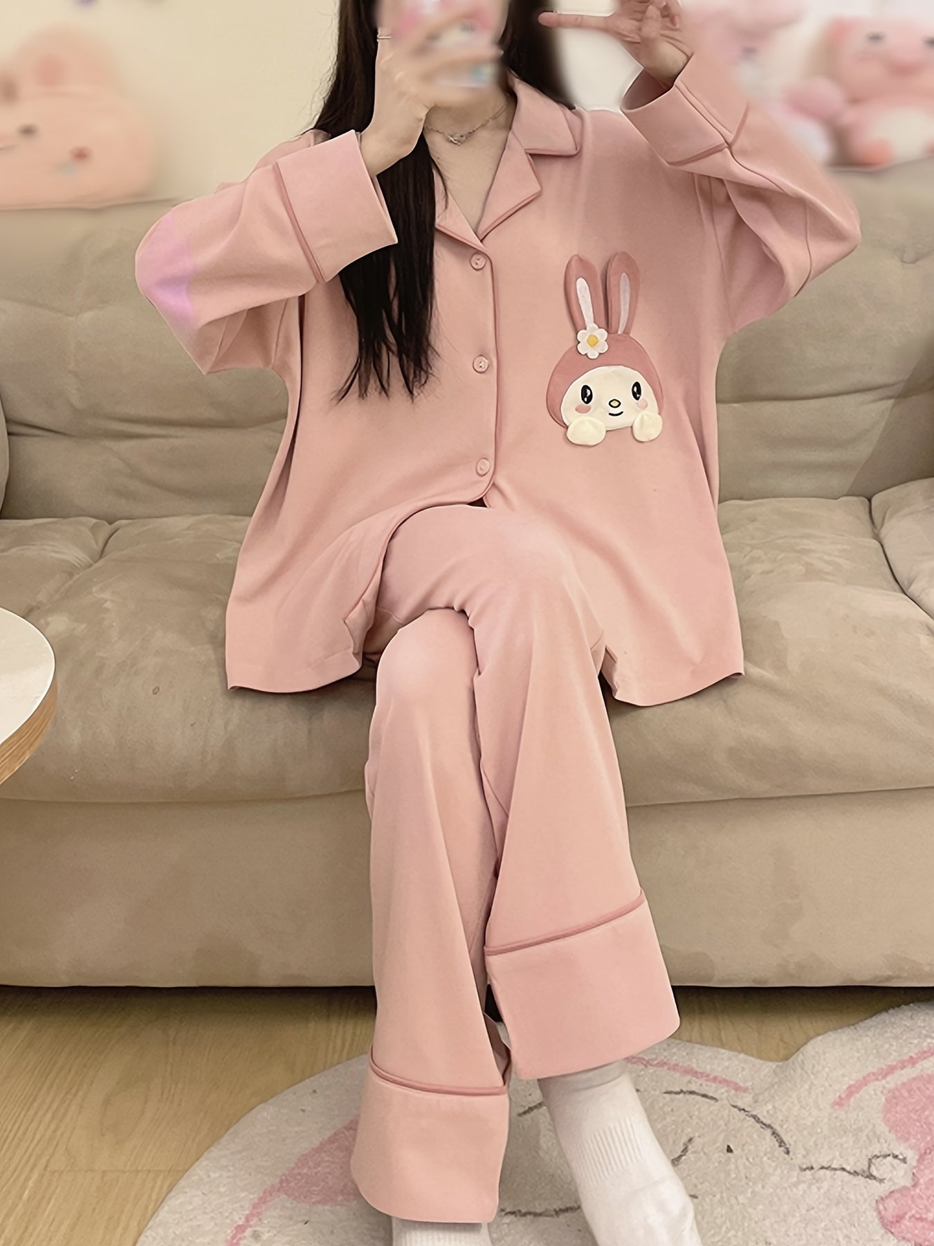 Women's Cute Rabbit Cartoon Pajamas Suit，Pink Long Sleeve Collar Top and Trousers，Knitted Polyester 95% Scalability 5%，Spring and Autumn Leisure Homewear，Without Belt，Button Closure，280g/m² Textile Weight