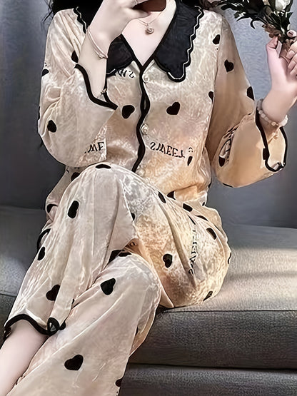 Elegant Velvet Women's Pajama Suit，With Beaded Details - V Collar Long Sleeve Top with Elastic Belt Pants，Geometric Pattern - Machine Washable - Perfect Choice for Autumn and Winter