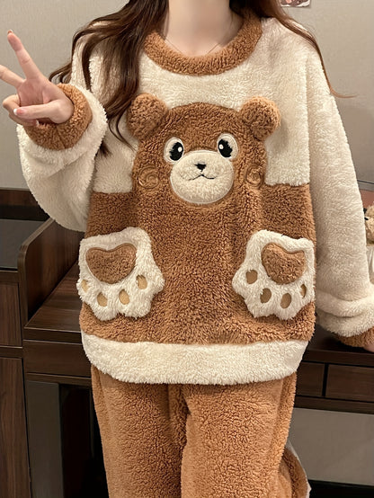 Warm Winter Cartoon Bear Velvet Pajamas Suit：Soft Suede Long Sleeve round Neck Top，Straight-Leg Pants No Belt，Comfortable and Warm Women's Pajamas and Casual Wear