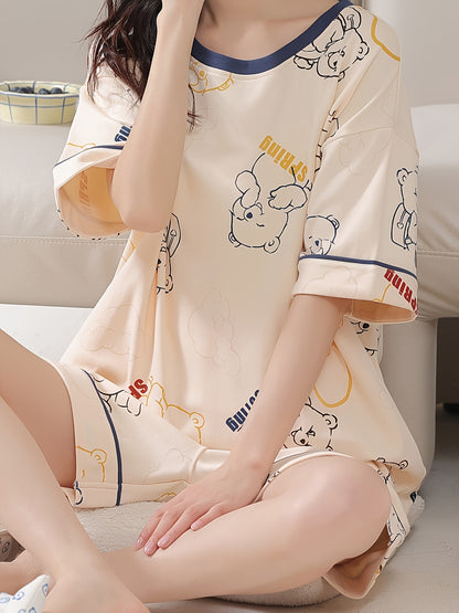 Women's Cute Bear and Letter Print Loose Design Pajamas Suit，Short Sleeve round Neck Top and Shorts，Comfortable Loose Design