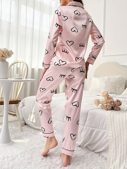 Sweetheart Heart Printing Imitation Silk Women's Cardigan，Lapel，Long sleeve pants，Two-Piece Homewear，Soft and Comfortable Pajamas Suit