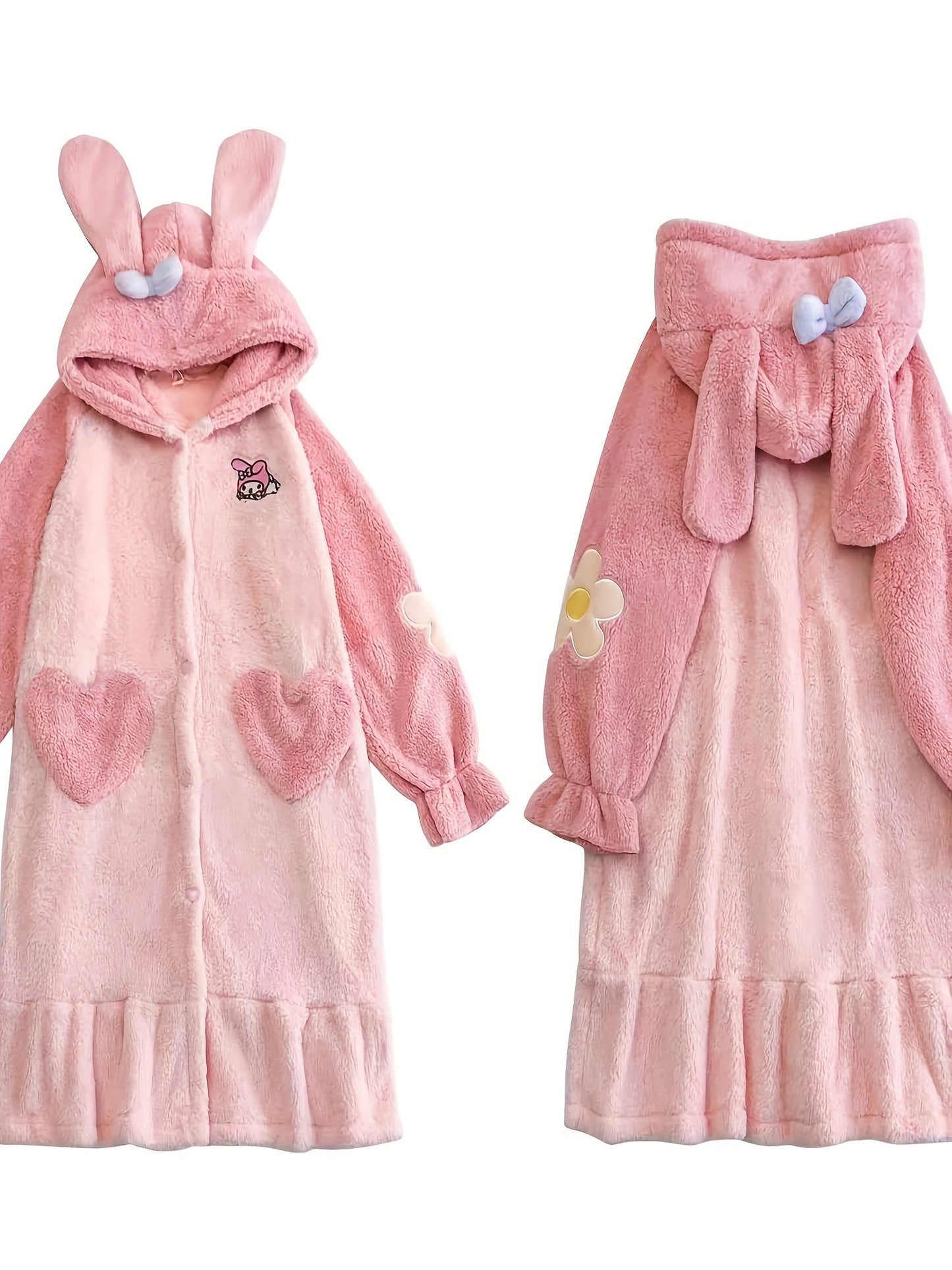 1Genuine Sanrio Melody Ladies' Robe Cute Bathrobe Hooded Plush Pajamas with Kawaii Pattern and Pants Suit Coral Fleece Warm Nightgown Thick Soft Plush Comfortable Shower Bathrobe