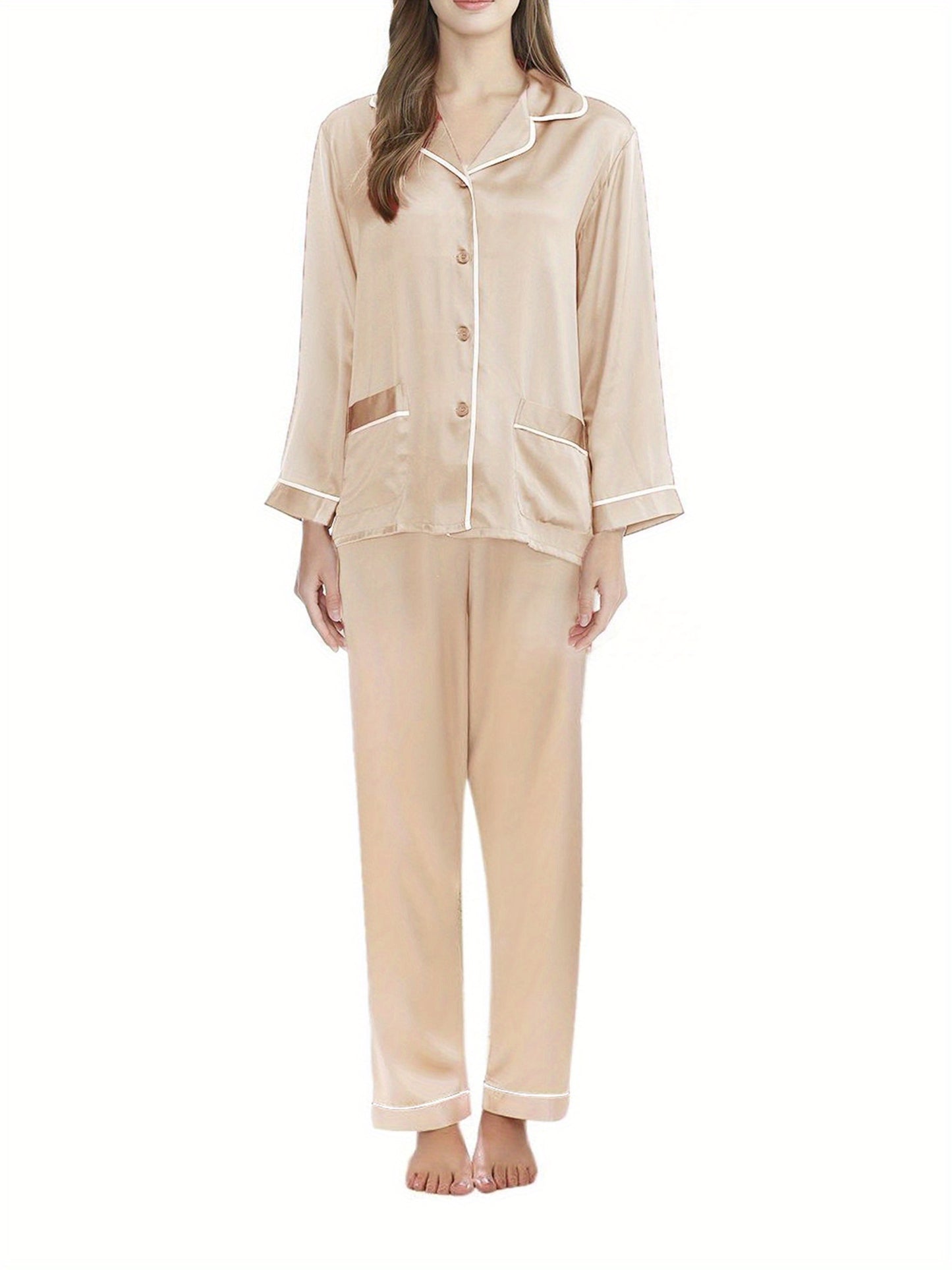 Ladies2Set Long Sleeve Button Pajamas Top Wide Leg Pants Suit Satin Nightdress PJs Homewear