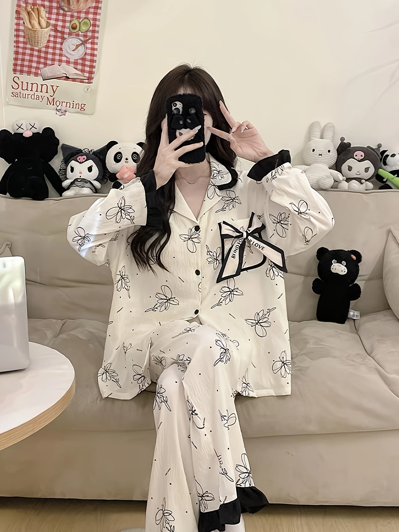 Women's Long-Sleeved Pajamas Suit，Containing Chest Pad，Casual Polyester Fiber Stretch Home Wear，Opaque Printing Design，Button Details - Suitable for All Seasons