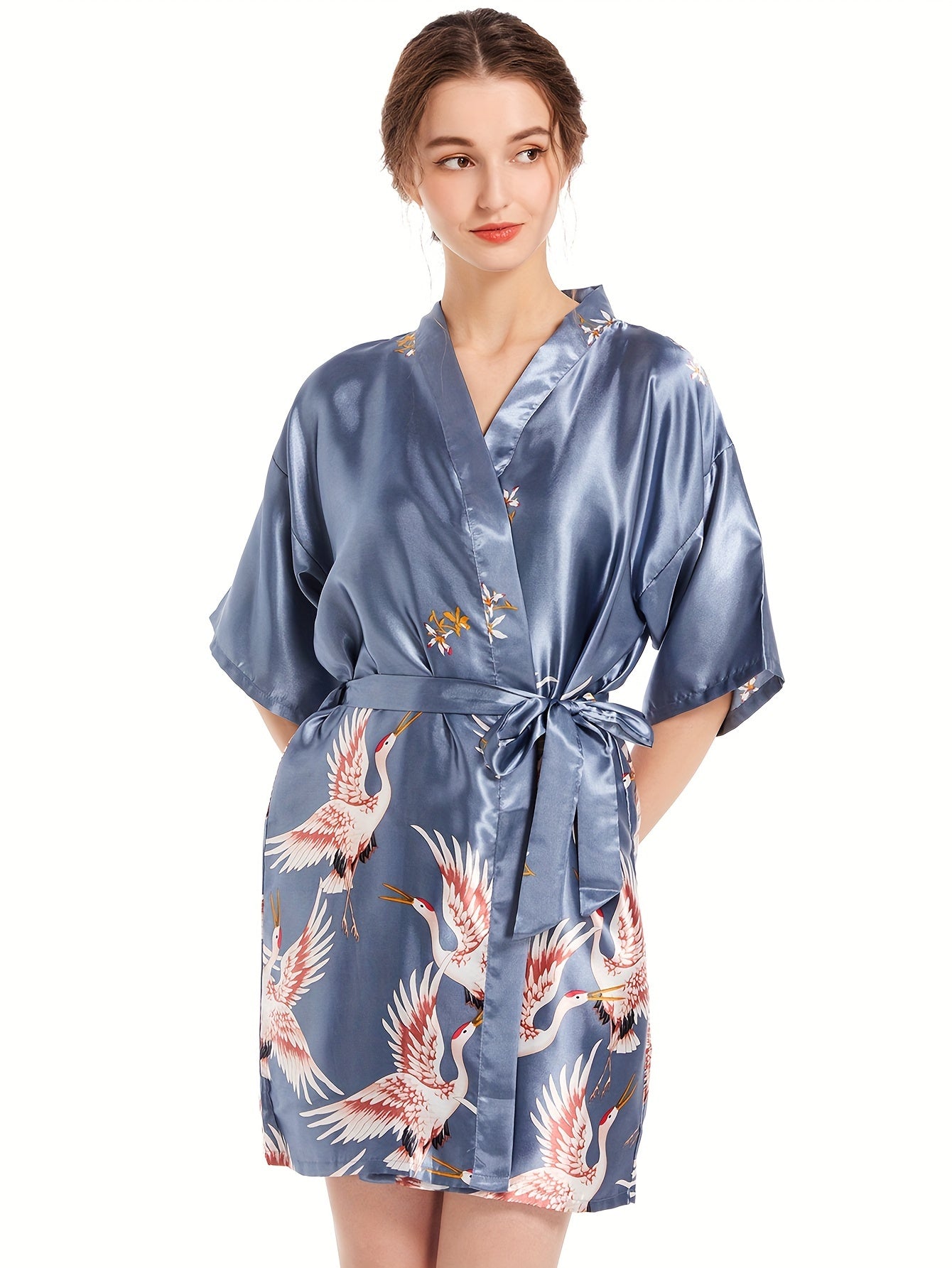 Pajamas Home Dress Arrangement Female Ethnic Crane Spring and Autumn Sexy Short Robe Two-Piece Set