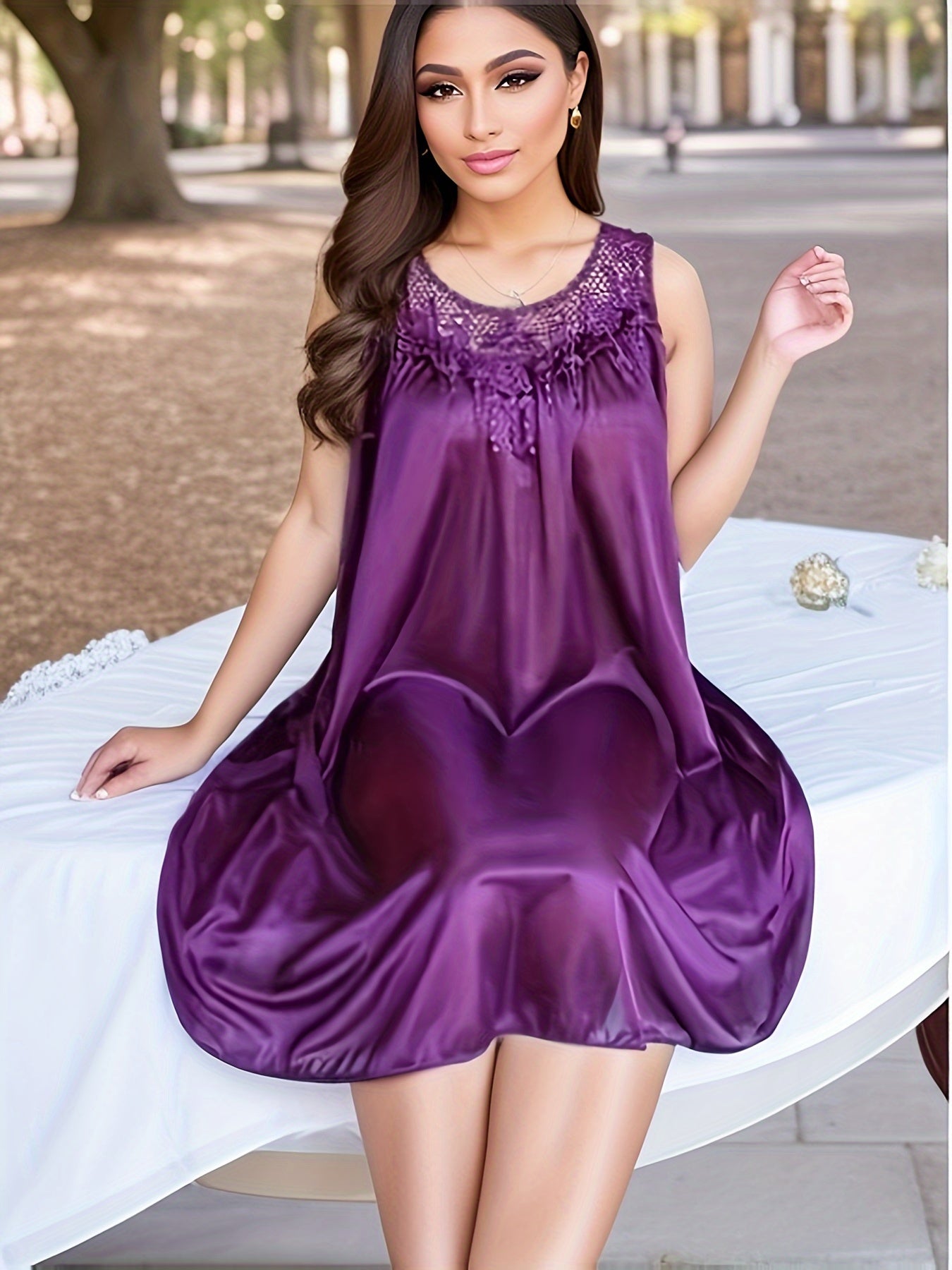 Women's Spring/Summer Ice Silk Home Wear Nightdress Dress Home Wear Lace Stitching Nightdress Comfortable Dress Nightdress