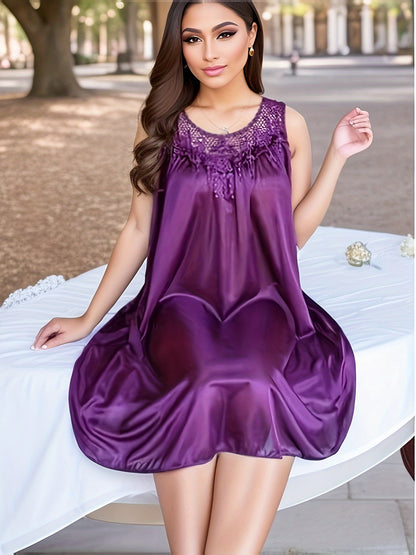 Women's Spring/Summer Ice Silk Home Wear Nightdress Dress Home Wear Lace Stitching Nightdress Comfortable Dress Nightdress