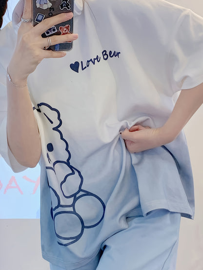 Cute Little Bear and Letter Print Gradient Loose Design Pajamas Suit，Short Sleeve round Neck Top and Elastic Shorts，Women's Pajamas