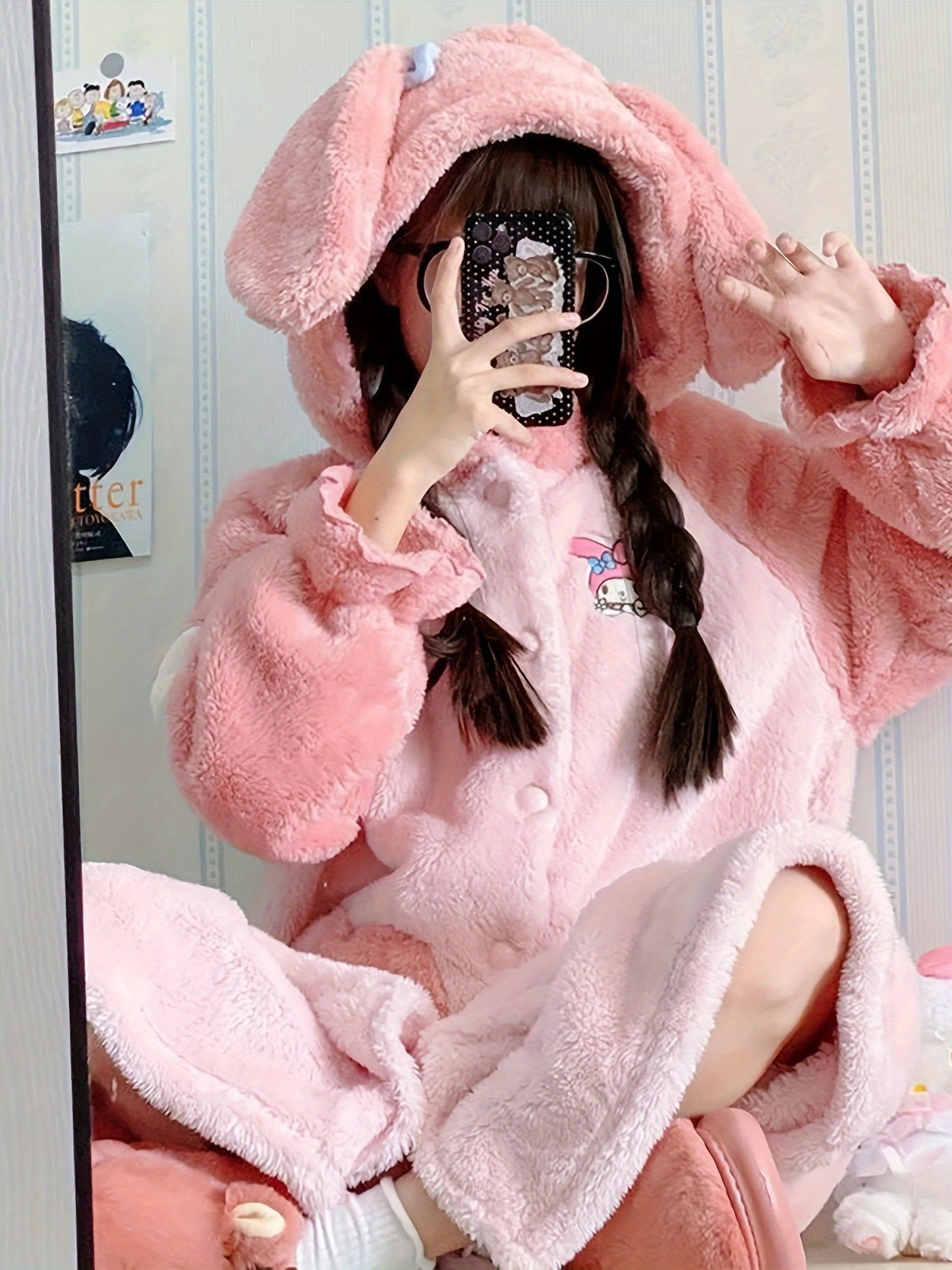 1Genuine Sanrio Melody Ladies' Robe Cute Bathrobe Hooded Plush Pajamas with Kawaii Pattern and Pants Suit Coral Fleece Warm Nightgown Thick Soft Plush Comfortable Shower Bathrobe