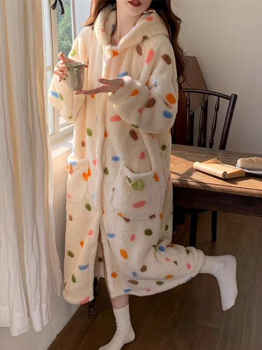 Colorful Polka Dot Pattern Comfortable Coral Fleece Hood Robe - Women's Thickened Winter Pajamas，Long Sleeve，Machine Washable