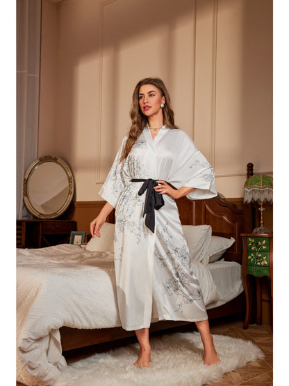 Women's Long Kimono Bathrobe Floral Silk Bathrobe Satin Bathrobe Pajamas Printed Silk Nightgown Wedding Bathrobe