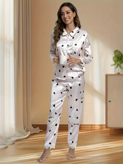 Elegant Heart Shape Printed Women's Pajamas Suit - Long Sleeve Button V Collar Lace Decorative Pajamas