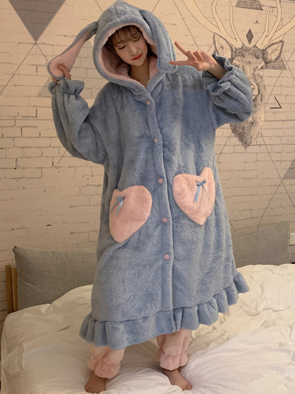 Women's Cute Rabbit Plush Thick Ruffled Pajamas Suit，Ruffled Sleeves Button Hooded Robe and Pants，Comfortable Loose Design，Suitable for Autumn and Winter