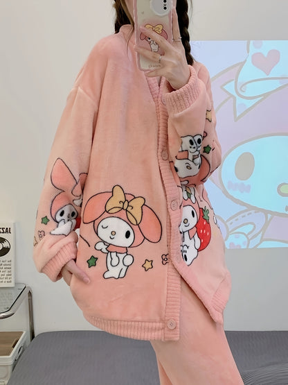 2 Set of Sanrio Authorized Cartoon Pattern Long-Sleeved Pajamas Suit，Thick Warm Loungewear，Sweet Cute Pajamas，Outerwear Homewear 2 Set