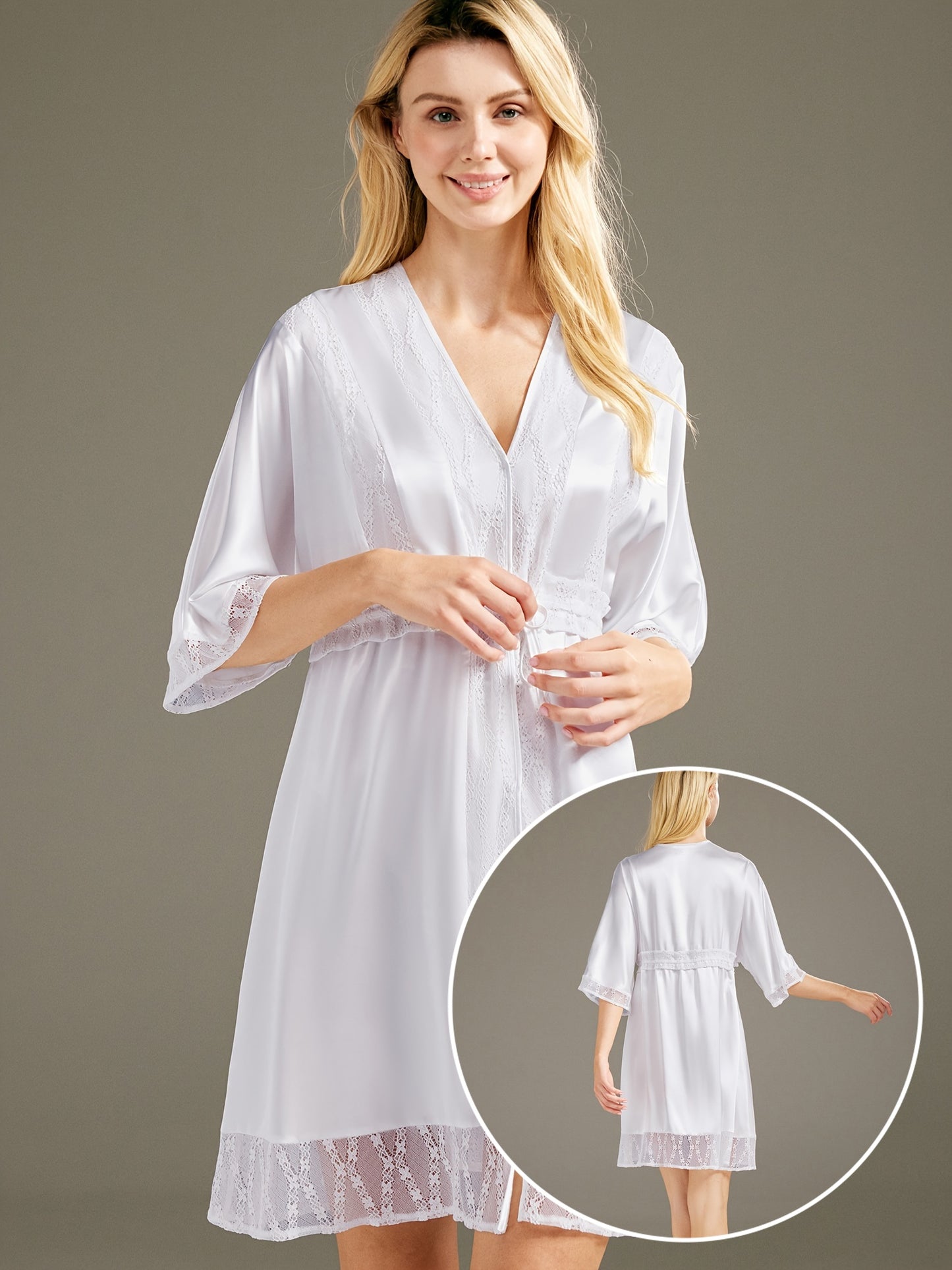 AW BRIDAL Women's Short Silk Robe Kimono Satin Bathrobe Sexy V Collar Pajamas with Lace Bride、Bridesmaid、Mom、S-XL