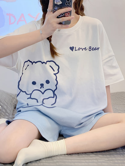 Cute Little Bear and Letter Print Gradient Loose Design Pajamas Suit，Short Sleeve round Neck Top and Elastic Shorts，Women's Pajamas