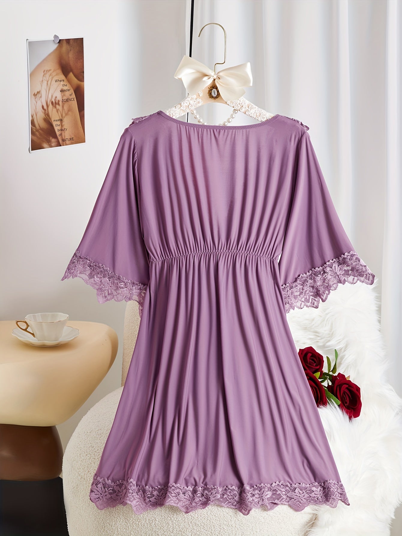 Women's Elegant Solid Color Lace Trim Pajamas Dress，3/4 Sleeve V Collar Waist Dress，Comfortable Pajamas