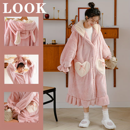 Women's Cute Coral Fleece Nightgown - Long Sleeve Soft Polyester Night Robe，with Pocket，V Collar Winter Thermal Bathrobe，Solid Bubble Skirt Home Wear，with Rabbit Ears and Heart-Shaped Details - Adult Knitted Cloth Autumn Winter Robe