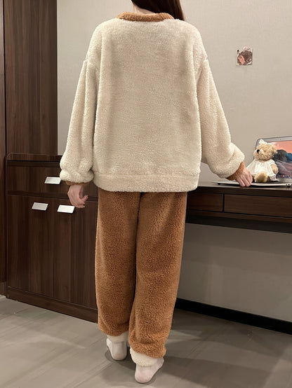 Warm Winter Cartoon Bear Velvet Pajamas Suit：Soft Suede Long Sleeve round Neck Top，Straight-Leg Pants No Belt，Comfortable and Warm Women's Pajamas and Casual Wear