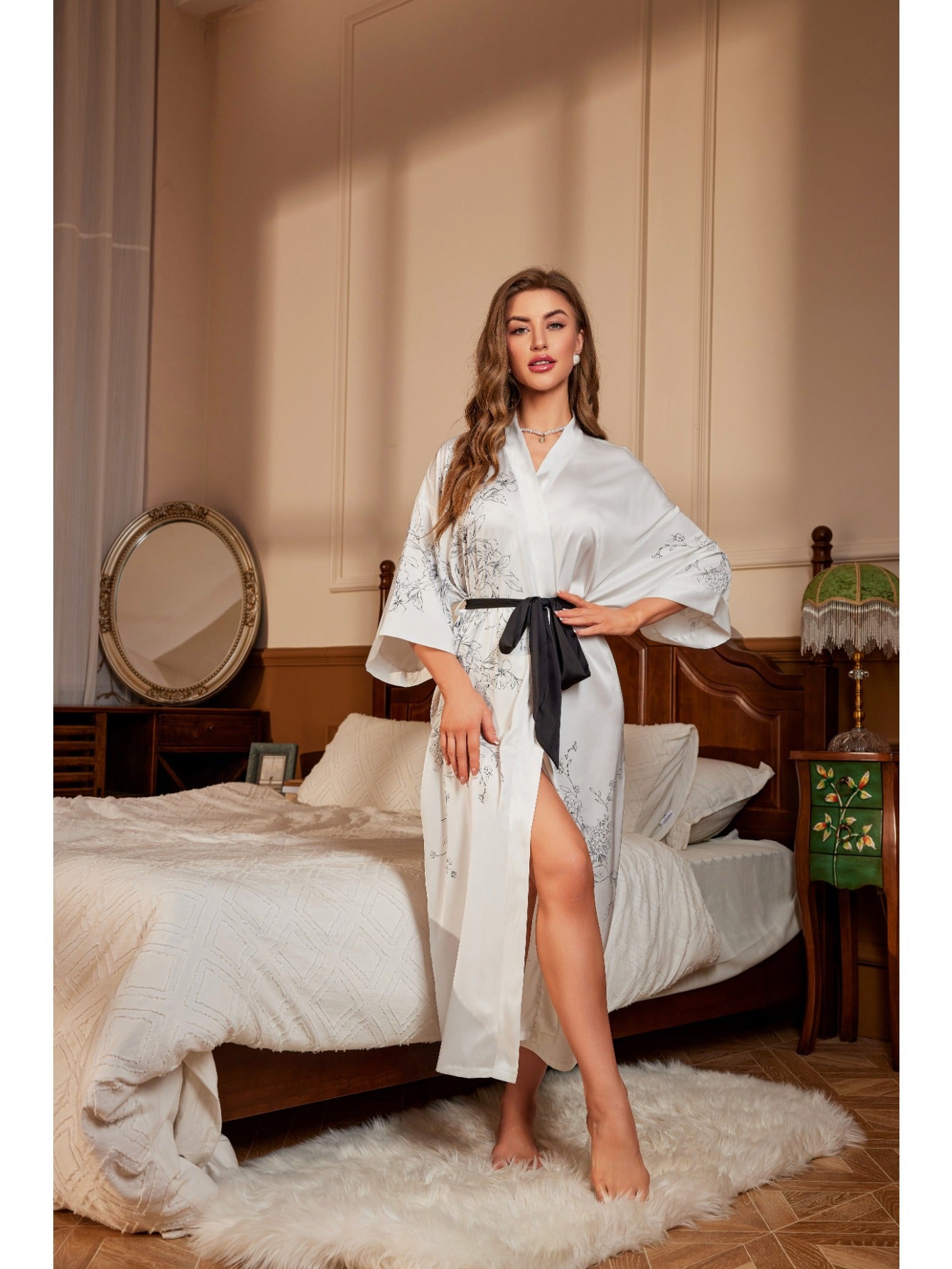 Women's Long Kimono Bathrobe Floral Silk Bathrobe Satin Bathrobe Pajamas Printed Silk Nightgown Wedding Bathrobe