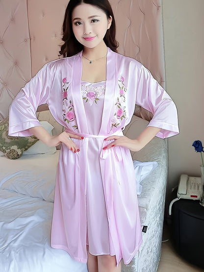 Elegant Women's Satin Pajamas Suit - Comfortable Sexy Sling Dress，With Belt Robe，Embroidery Details，Machine Washable - Spring/Summer/Autumn、Homewear、2 Set、Elegant Style、Spring/Summer/Autumn