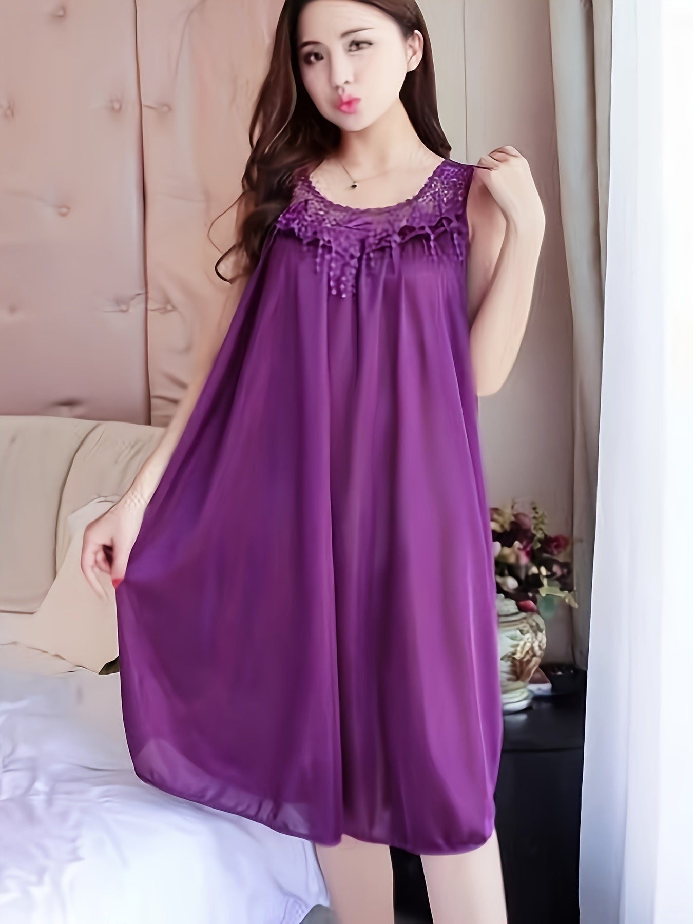 Women's Spring/Summer Ice Silk Home Wear Nightdress Dress Home Wear Lace Stitching Nightdress Comfortable Dress Nightdress