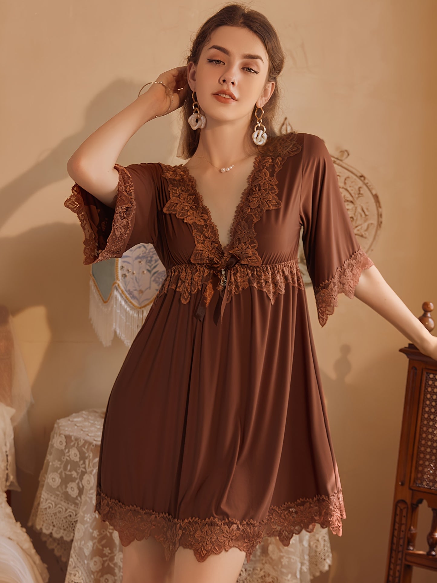 【Popular Choice】Sexy and Beautiful V Collar Bow Soft and Comfortable Stitching Lace Nightdress