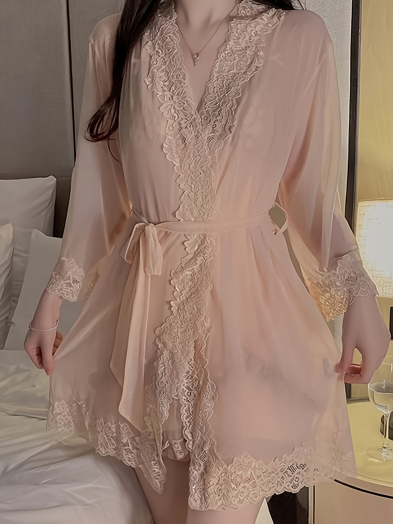 A Set of Women's Charming Mesh Stitching Pajamas，Long Sleeve Bathrobe with Belt and Lace，Hollow Vest，Shorts，Underwear - P3772