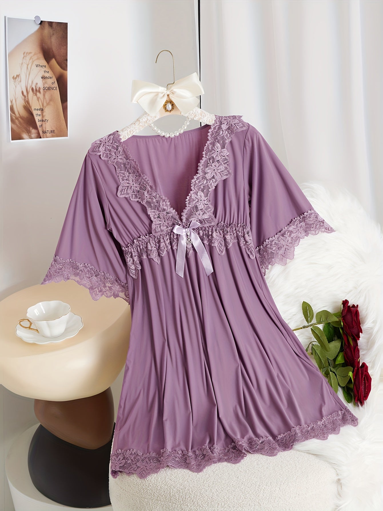 Women's Elegant Solid Color Lace Trim Pajamas Dress，3/4 Sleeve V Collar Waist Dress，Comfortable Pajamas