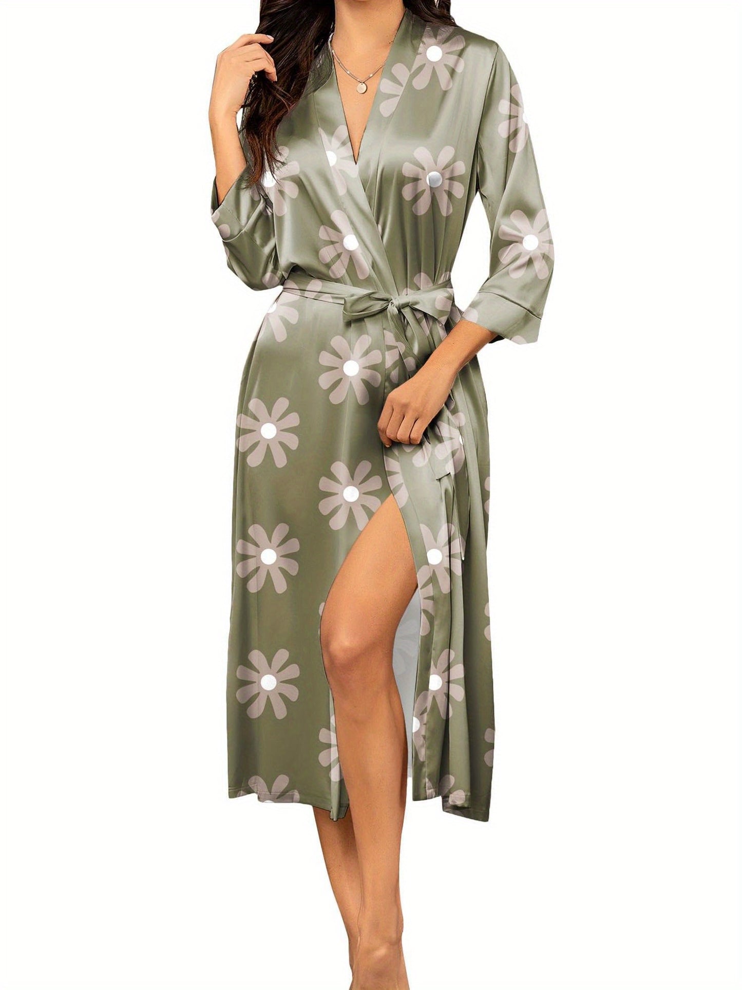 Elegant Solid Color Satin Bridal Robe，Comfortable Three-Quarter Sleeve with Belt Nightgown，Women's Casual Wear and Pajamas