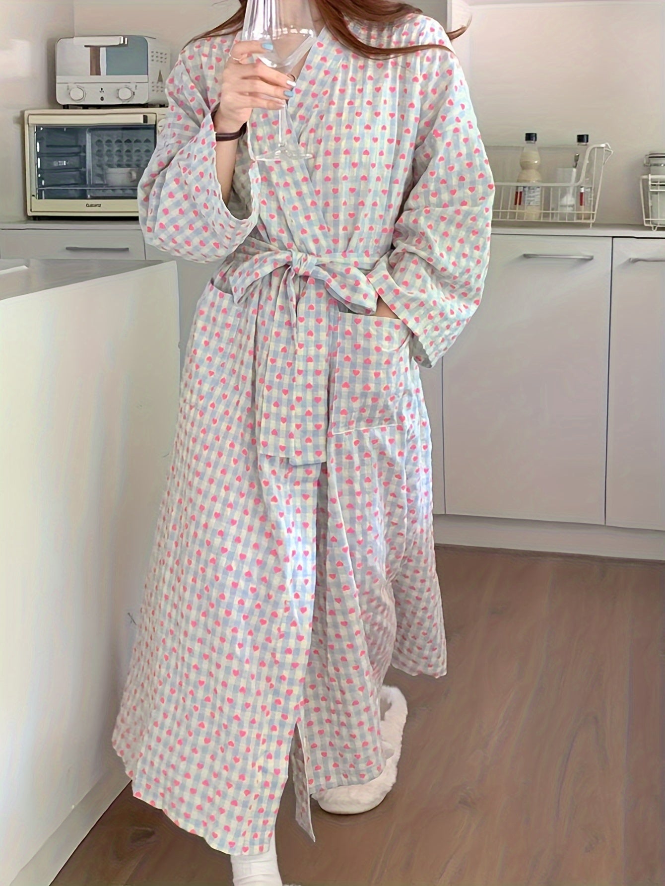 Women's Comfortable Heart-Shaped Plaid Long Sleeve Kimono Robe - Soft Polyester Fiber，V Tie Belt，Perfect Choice for Autumn and Winter