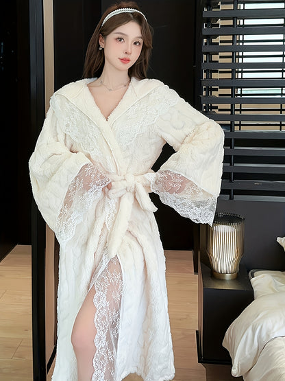 Winter Long Sleeve Lace Stitching Hooded Cardigan Mid-Length Jacquard Sweet Style Hooded Nightgown Fashion Casual Lace up Flannel Comfortable Warm Ladies Sleeping Dress Loungewear Gown