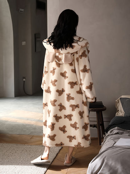 A Comfortable Suede Long-Sleeved Pajamas with Cartoon Bear Print，with Hat and Pocket Homewear，Fall winter fashion，Adult Size