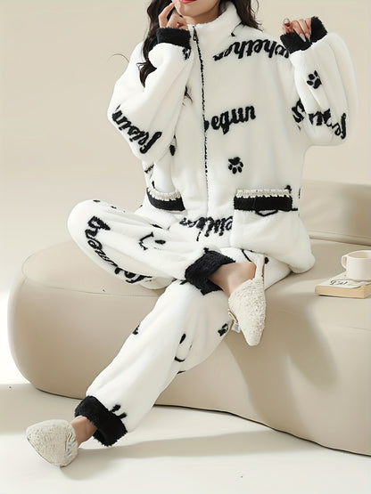 Women's Comfortable Fleece Lined Pajamas Suit，with Happy Face and Letter Printing - Long Sleeve Zip Top and Pants，Autumn and Winter Warm Loungewear