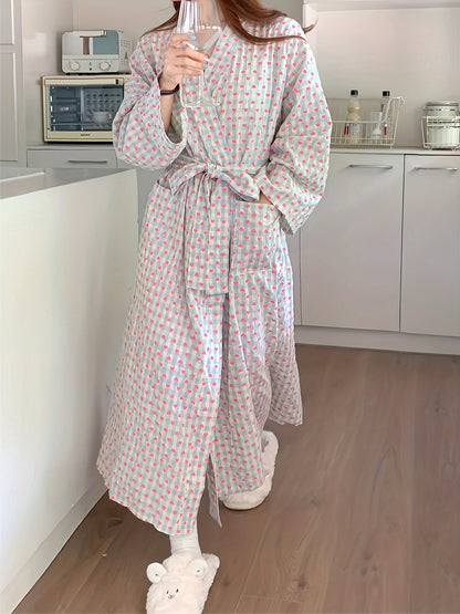 Large Size Elegant Women's Pajamas，Heart-Shaped and Plaid Printed Long Sleeves V Collar Loose Robe，with Belt，Spring and Summer，Homewear，Bathrobe