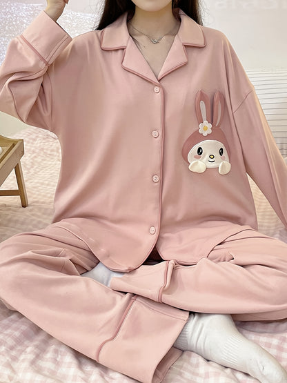 Women's Cute Rabbit Cartoon Pajamas Suit，Pink Long Sleeve Collar Top and Trousers，Knitted Polyester 95% Scalability 5%，Spring and Autumn Leisure Homewear，Without Belt，Button Closure，280g/m² Textile Weight