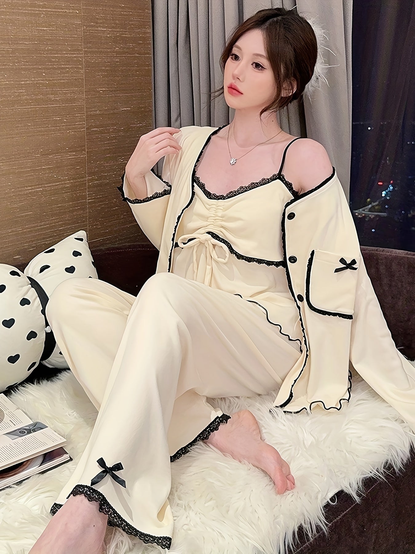 Autumn Winter Thermal Velvet Thick Long-Sleeved Trousers Suspenders Three-Piece Solid Color Lace High-End Home Wear Suit