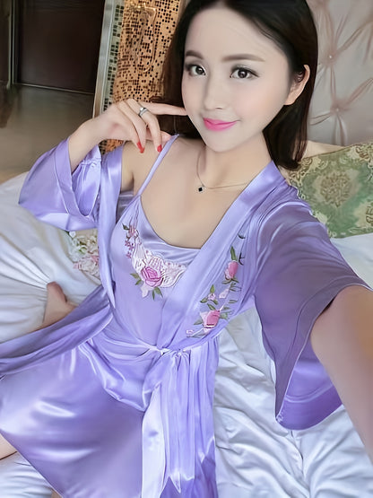 Elegant Women's Satin Pajamas Suit - Comfortable Sexy Sling Dress，With Belt Robe，Embroidery Details，Machine Washable - Spring/Summer/Autumn、Homewear、2 Set、Elegant Style、Spring/Summer/Autumn