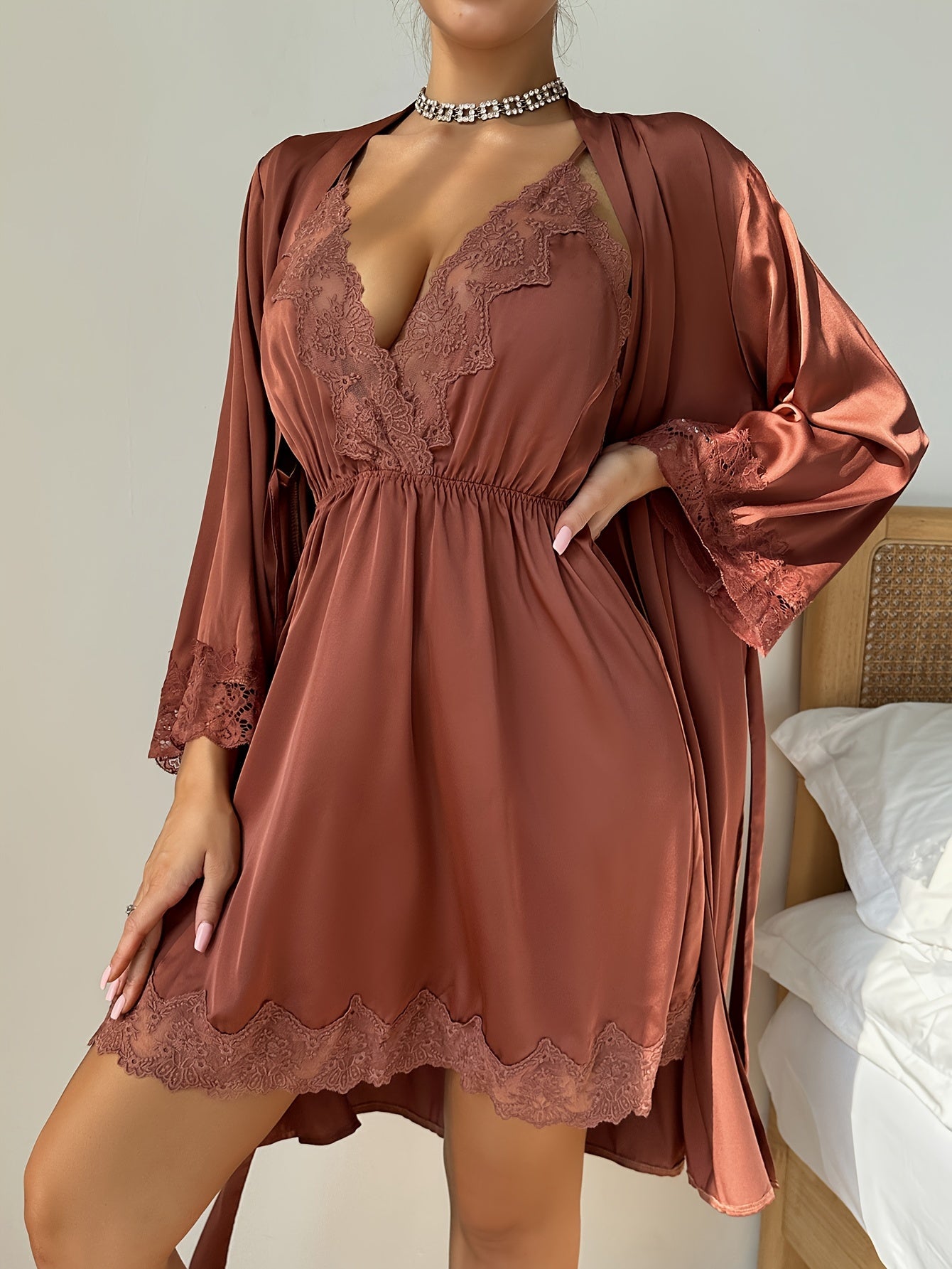 Sexy Solid Color Contrast Color Lace Pajamas Suit，Long Sleeve with Belt Bathrobe and V Collar Suspender Dress，Women's Pajamas