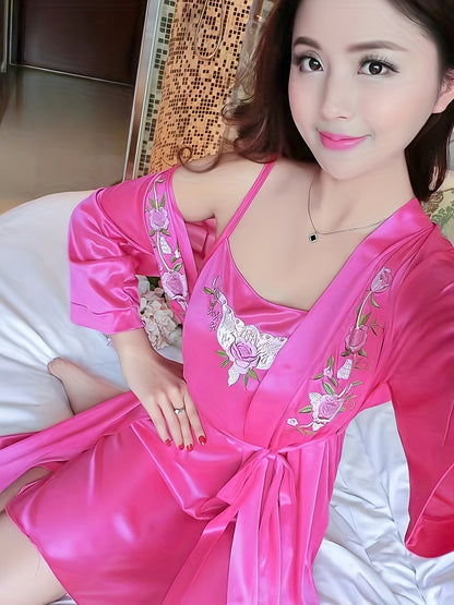 Elegant Women's Satin Pajamas Suit - Comfortable Sexy Sling Dress，With Belt Robe，Embroidery Details，Machine Washable - Spring/Summer/Autumn、Homewear、2 Set、Elegant Style、Spring/Summer/Autumn