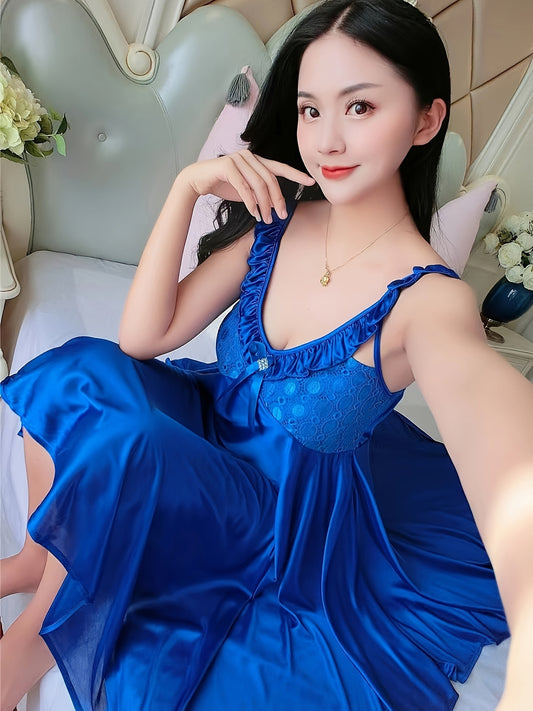 One Lady Sexy Adjustable Spaghetti Strap Nightdress，V Collar Lace Detail with Bow，Asymmetric Hem，Soft and Comfortable Pajamas，Solid Color，100%Polyester Fiber，Suitable for Summer Birthday、Valentine's Day and Christmas Gifts