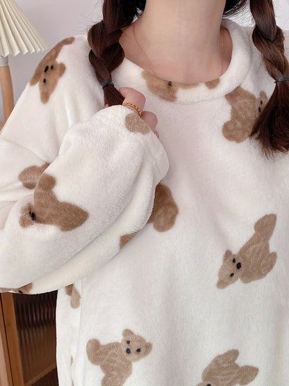 Cute Teddy Bear Printed Pajamas Suit，Comfortable Long Sleeve round Neck Flannel Top and Pants，Women's Pajamas