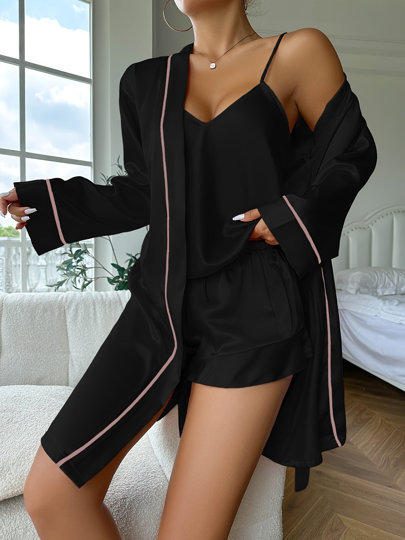 A Set of Simple Satin Pajamas Suit，Long Sleeve Bathrobe with Belt and V Collar Vest Top and Shorts，Women's Pajamas and Homewear