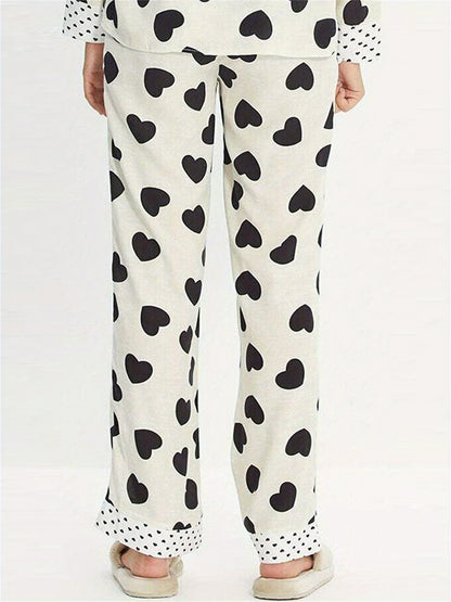 Ladies2Heart-Shaped Spotted Printed Pajamas Suit Long Sleeve Button Top Elastic Waist Trousers Pajamas Suit