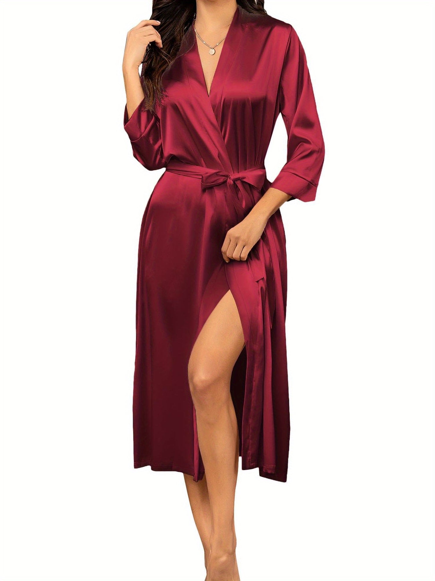 Elegant Solid Color Satin Bridal Robe，Comfortable Three-Quarter Sleeve with Belt Nightgown，Women's Casual Wear and Pajamas